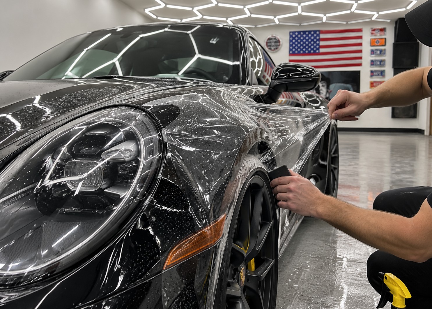 A technician smoothing clear paint protection film onto the front fender of a black Porsche