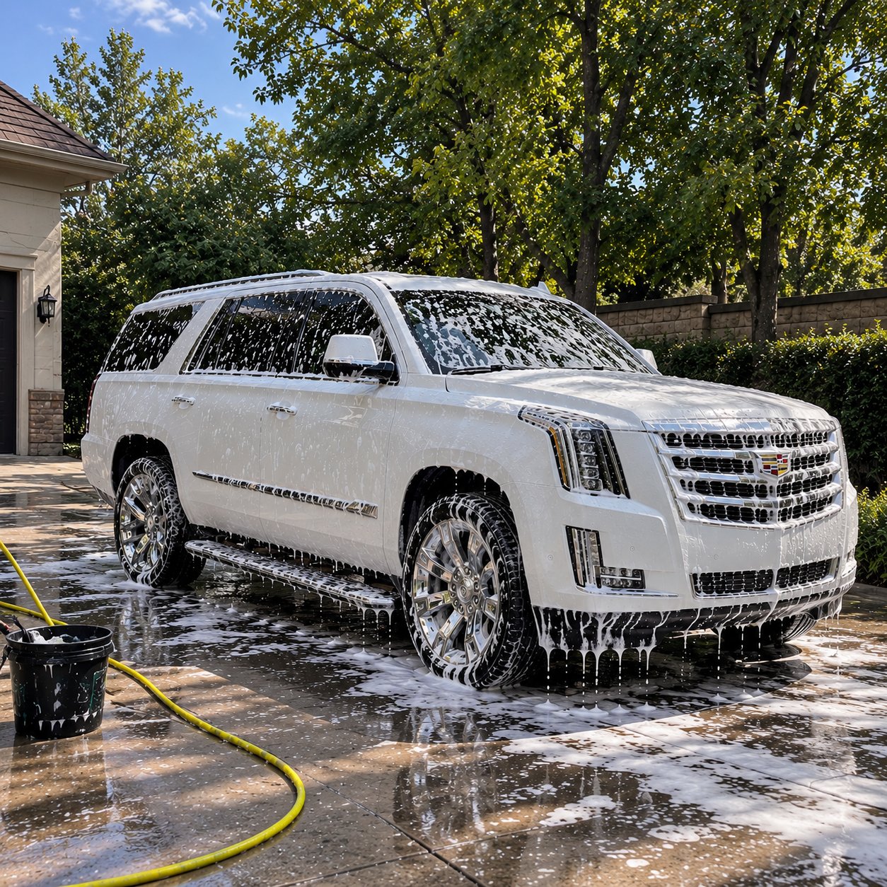 A white Cadillac Escalade covered in foam on a sunny driveway during a hand wash