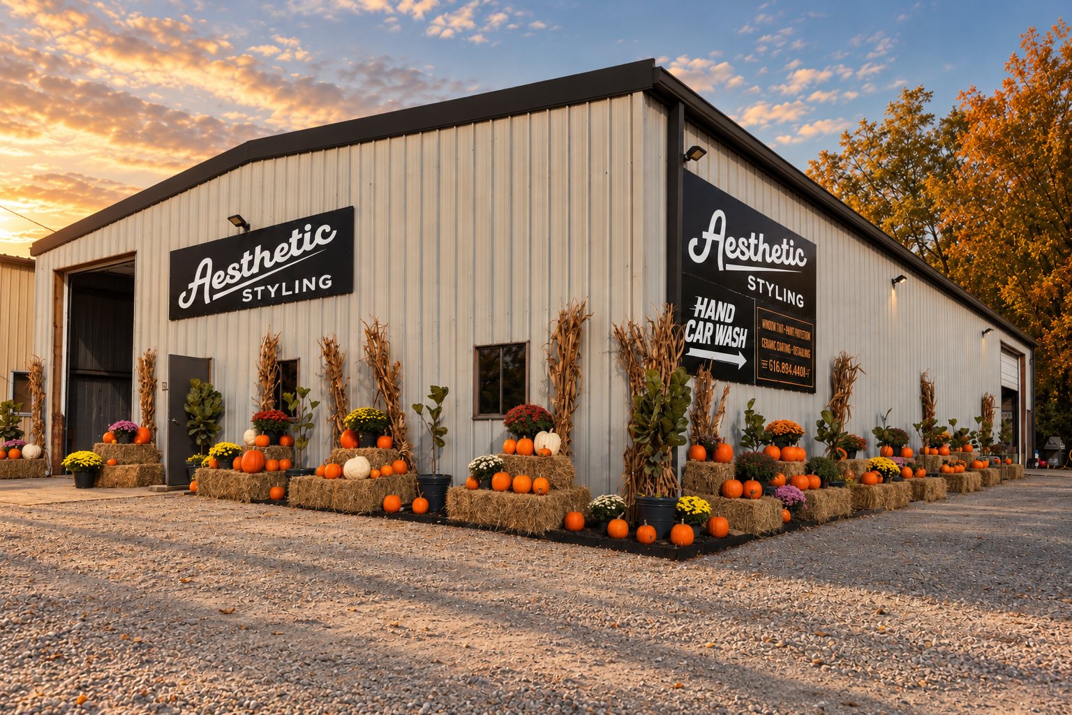 The Aesthetic Styling shop at sunset, with autumn pumpkins, hay bales, and corn stalks along the front of the building