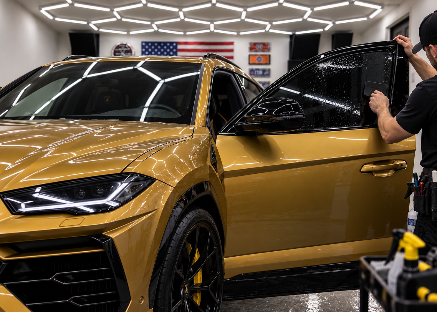 A technician applying window tint film to the door glass of a gold Lamborghini Urus